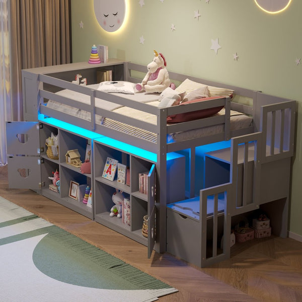 English Elm Twin Kids Low Loft Bed with Stair Drawers Built-in Led Shelving and Bear Handles W697S00040
