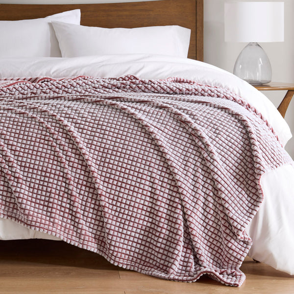 JLA Home Madison Park - Blanket plush polyester grid design, OEKO-TEX certified, all-season lightweight warmth for modern homes Red MP51-8414