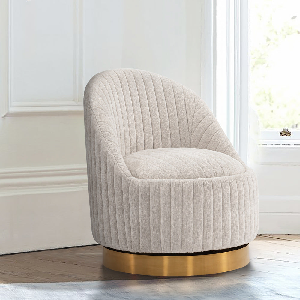 English Elm Leela Plush Chenille Swivel Lounge Chair with Brushed Gold Base, Ribbed Stitching, 440lb Capacity Cream B365P397955