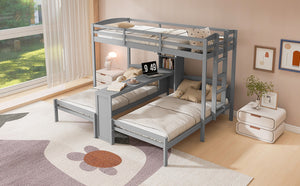 English Elm Twin Triple Bunk Bed with Built in Desk Open Shelving and Led Task Lighting Gray N7090002243E