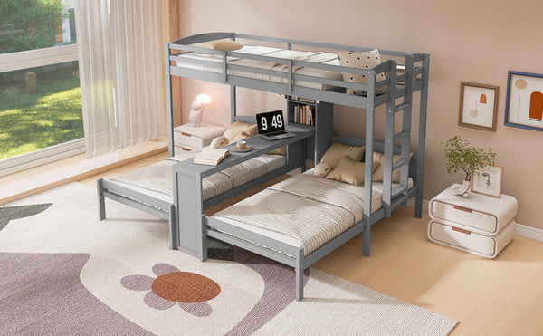 English Elm Twin Triple Bunk Bed with Built in Desk Open Shelving and Led Task Lighting Gray N7090002243E