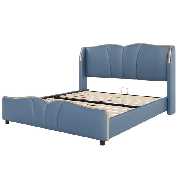 English Elm Christopher Knight Home® - Queen Plush Leather Upholstered Bed Frame with Wingback Headboard, Wavy Footboard, Quiet Support Antique Blue 85.2 L x 9.8 W x 3.25 H N761S0000016C
