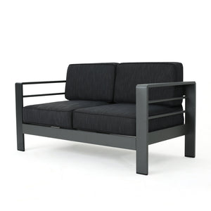 English Elm Christopher Knight Home® - CAPE Coastal Aluminum Outdoor 4-Piece Chat Set with Tempered Glass Table, Ergonomic Comfort and Space-Saving Style Gray CAPECORAL4PCSG