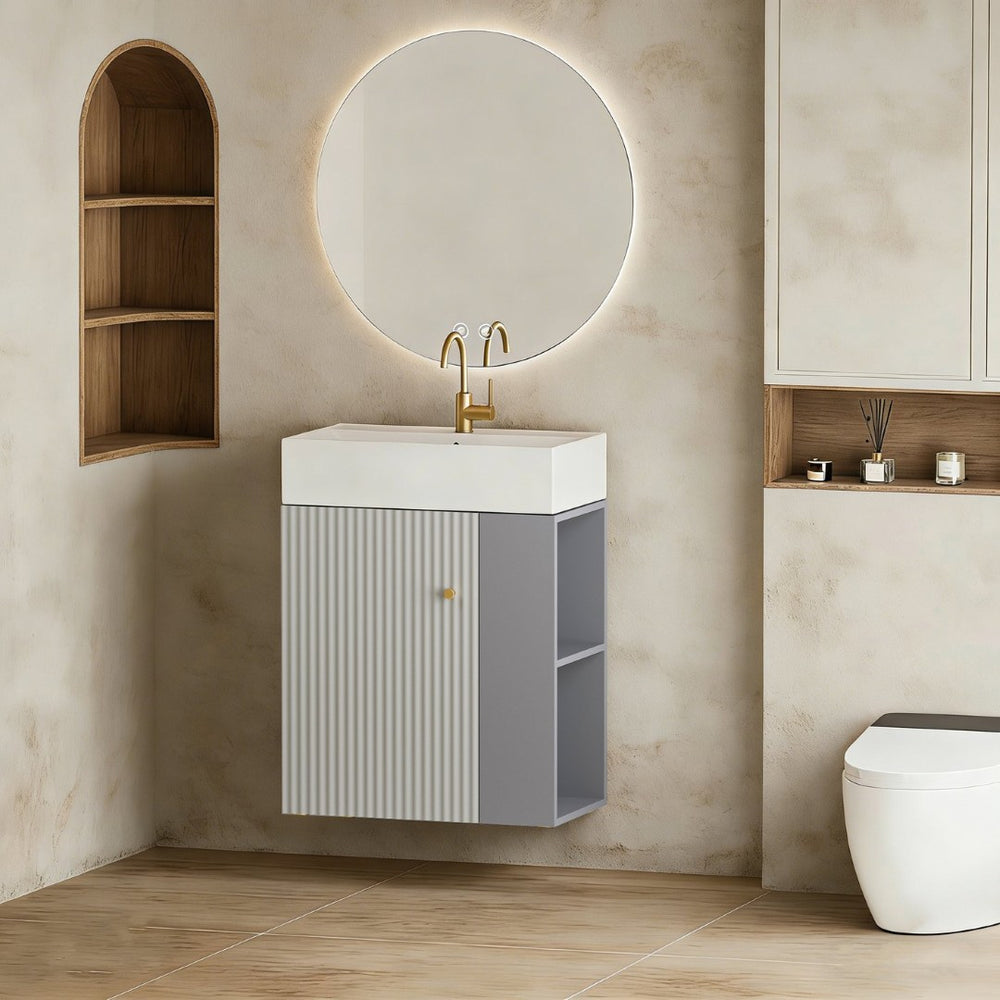 English Elm 21.6" Floating Vanity with Ceramic Sink Soft-close Cabinet and Open Shelves in Grey W1573S00093