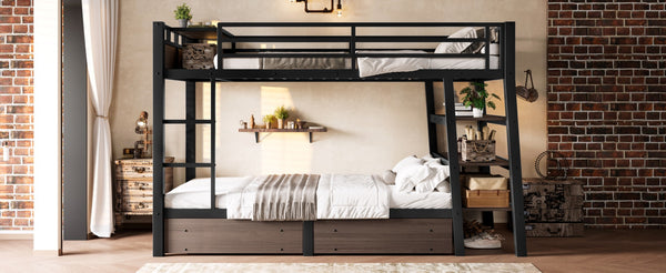 English Elm Full Size Metal Loft Bed with Stair Storage Shelves Bookshelf for Dorms Bedroom W1580S00346