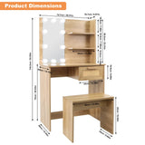 English Elm Vanity Desk Set Stool & Dressing Table With Led Lighting Mirror Drawer and Compartments Modern Wood Cosmetic Table Chest Of Drawers Nature Color