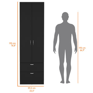 English Elm Tall Mayer Wardrobe Melamine 2 Doors 2 Drawers Black – Durable Bedroom Storage with Hanging Rod, Space-Saving Organizing Solution B128P203059
