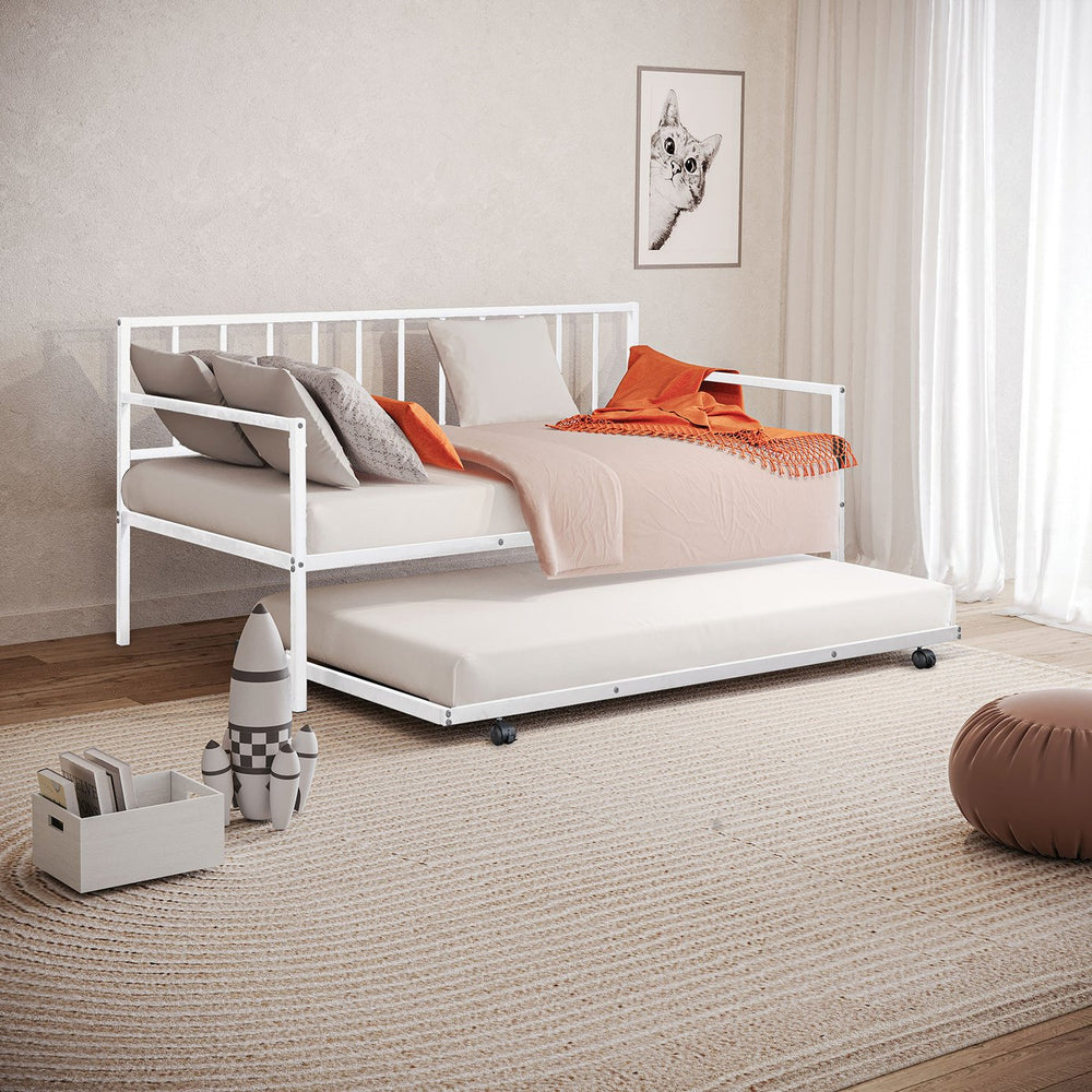 English Elm 1pc Twin Metal Daybed With Trundle White Finish Sleek Contemporary Design Space-Saving Twin Guest Bed Mattress-Ready B2741P364411