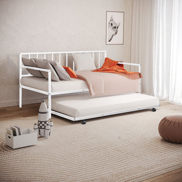 English Elm 1pc Twin Metal Daybed With Trundle White Finish Sleek Contemporary Design Space-Saving Twin Guest Bed Mattress-Ready B2741P364411