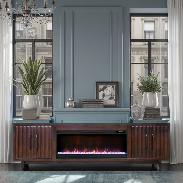 English Elm Radiance 94-Inch Tv Stand With Electric Fireplace, Rosewood Finish - Stylish Storage & Warmth! B108P345211-GIGA