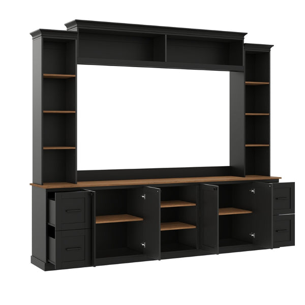English Elm Unique Low Profile Media Console with Led Lighting Glass Shelves Fits Tvs to 105 Black N721S000077B