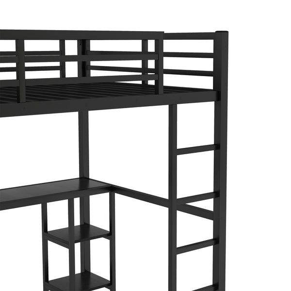 English Elm Full Size Loft Bed Frame With Wardrobe, Desk & Storage Shelves - Modern Black Metal Design W1580S00120