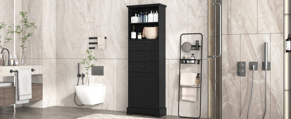 English Elm Black Tall Storage Cabinet with 3 Drawers, Adjustable Shelves, Anti-Tip, MDF Painted Finish for Office Bath WF323347AAB