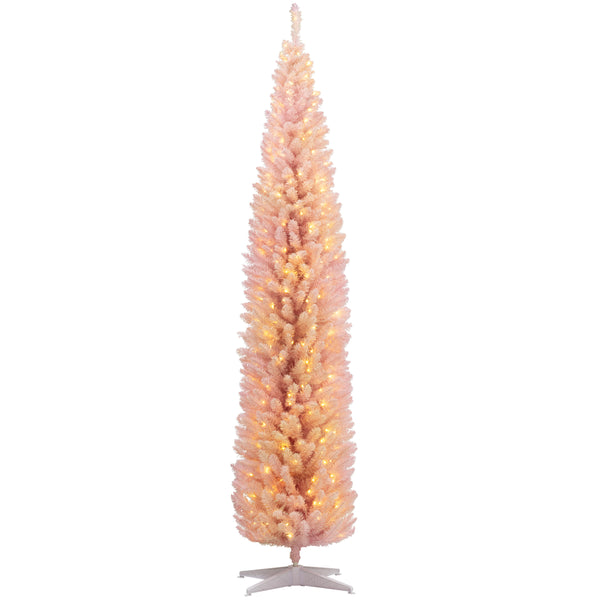 English Elm Homcom 8' Tall Slim Pink Noble Fir Christmas Tree With 300 Led Lights - Elegant Holiday Decor! W2225P249658