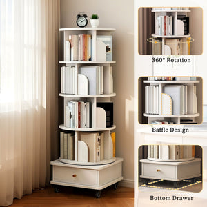English Elm 5 Tier Rotating Bookshelf with 360° Spin, Locking Wheels, Stable Base & Drawer Storage for Home W3204P309488