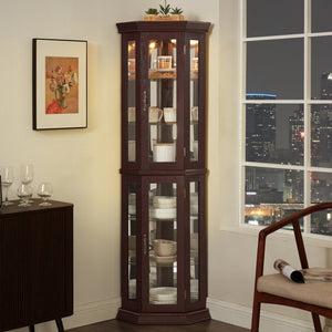 English Elm Lighted Corner Curio Cabinet - Elegant Glass Display With Adjustable Shelves & Ambient Lighting - Dark Cherry W1758P300130