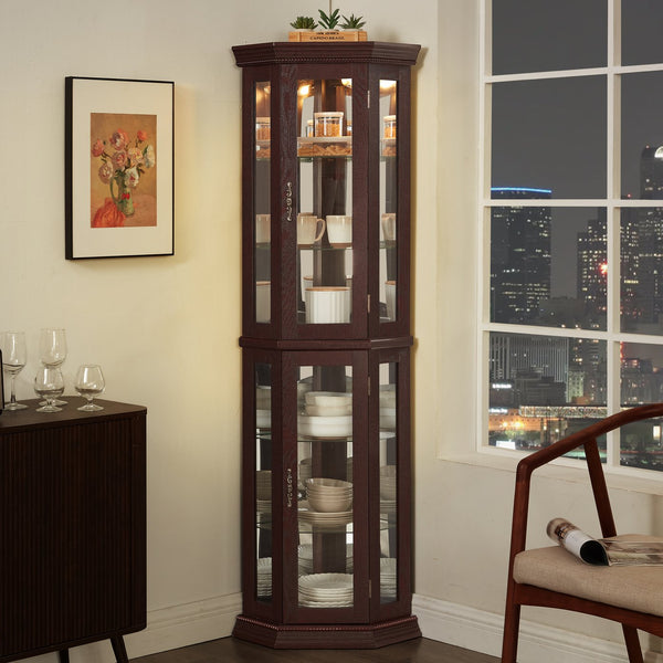 English Elm Lighted Corner Curio Cabinet - Elegant Glass Display With Adjustable Shelves & Ambient Lighting - Dark Cherry W1758P300130