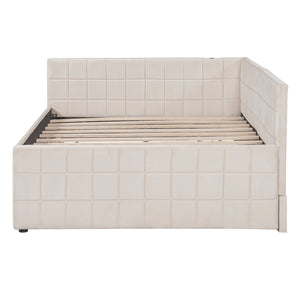 English Elm Full L-Shaped Upholstered Daybed with Pull-Out Twin Trundle, Built-In USB Ports, Modern Chic Design Beige SF000192AAA