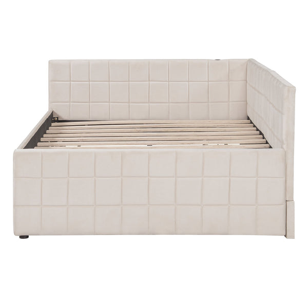 English Elm Full L-Shaped Upholstered Daybed with Pull-Out Twin Trundle, Built-In USB Ports, Modern Chic Design Beige SF000192AAA