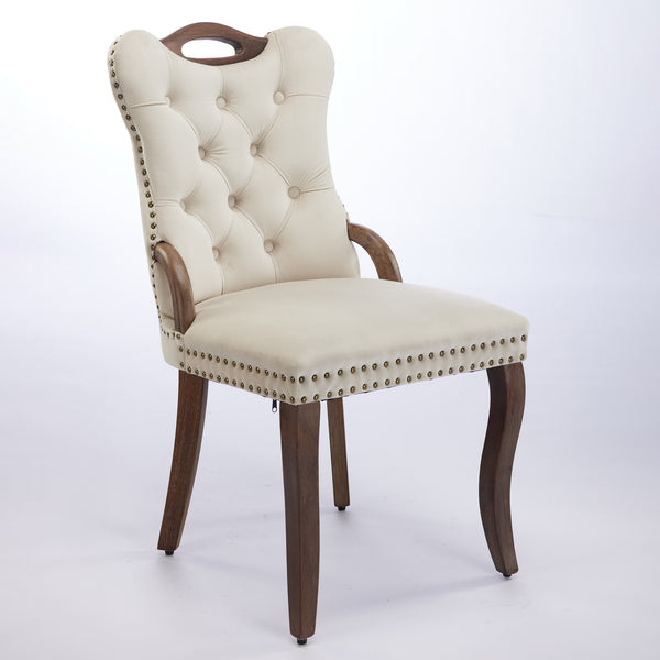 English Elm Velvet Hand-Tufted Dining Chair with Solid Wood Handles and Curved Legs, Vintage Copper Accents Beige W1143P338140