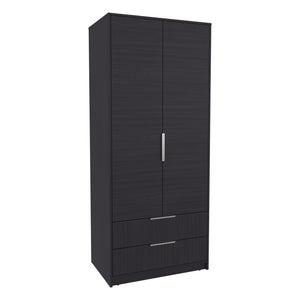 English Elm Wenden Tall Black Armoire with Double Doors, Two Drawers, Hanging Rod & Interior Shelves for Small Spaces B200S00433