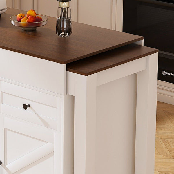 English Elm 74.8" Rolling Kitchen Island Extendable Marble Veneer Top with Power Outlet and Storage W2700S00105