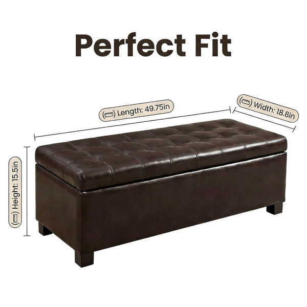 English Elm Storage Bench Tufted Upholstered Entryway Seat with Hinged Lid and Wooden Legs W5325P423784