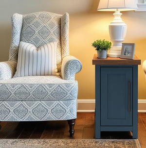English Elm 14 inch Chairside Table with Two-Tone Farmhouse Charm, Fully Assembled, Bronze Hardware Ready Blue B108131556