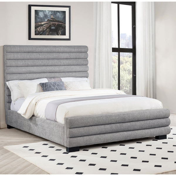 English Elm Grey Upholstered Queen Bed with High Channel-Tufted Bouclé Headboard, Durable Wood Frame, Modern Transitional Style, Textured Gray Appeal B062S01304