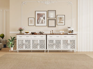 English Elm Vintage Farmhouse Sideboard with Hand-carved Doors Two-tone Distressed Wood Finish W688P360028