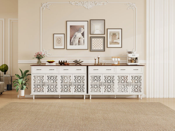English Elm Vintage Farmhouse Sideboard with Hand-carved Doors Two-tone Distressed Wood Finish W688P360028