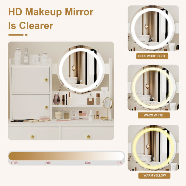 English Elm Fashion Vanity Desk With Adjustable Led Mirror, Cushioned Chair & Ample Storage For Effortless Beauty W2699P214617