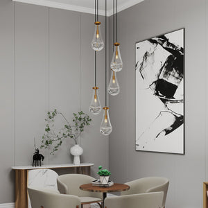 English Elm 5 Light Cluster Pendant with Raindrop Glass & Adjustable Copper Rope, Modern High-Ceiling Chandelier for Living Room, Dining, Stairwell — App-Controlled Gold W1340P316385