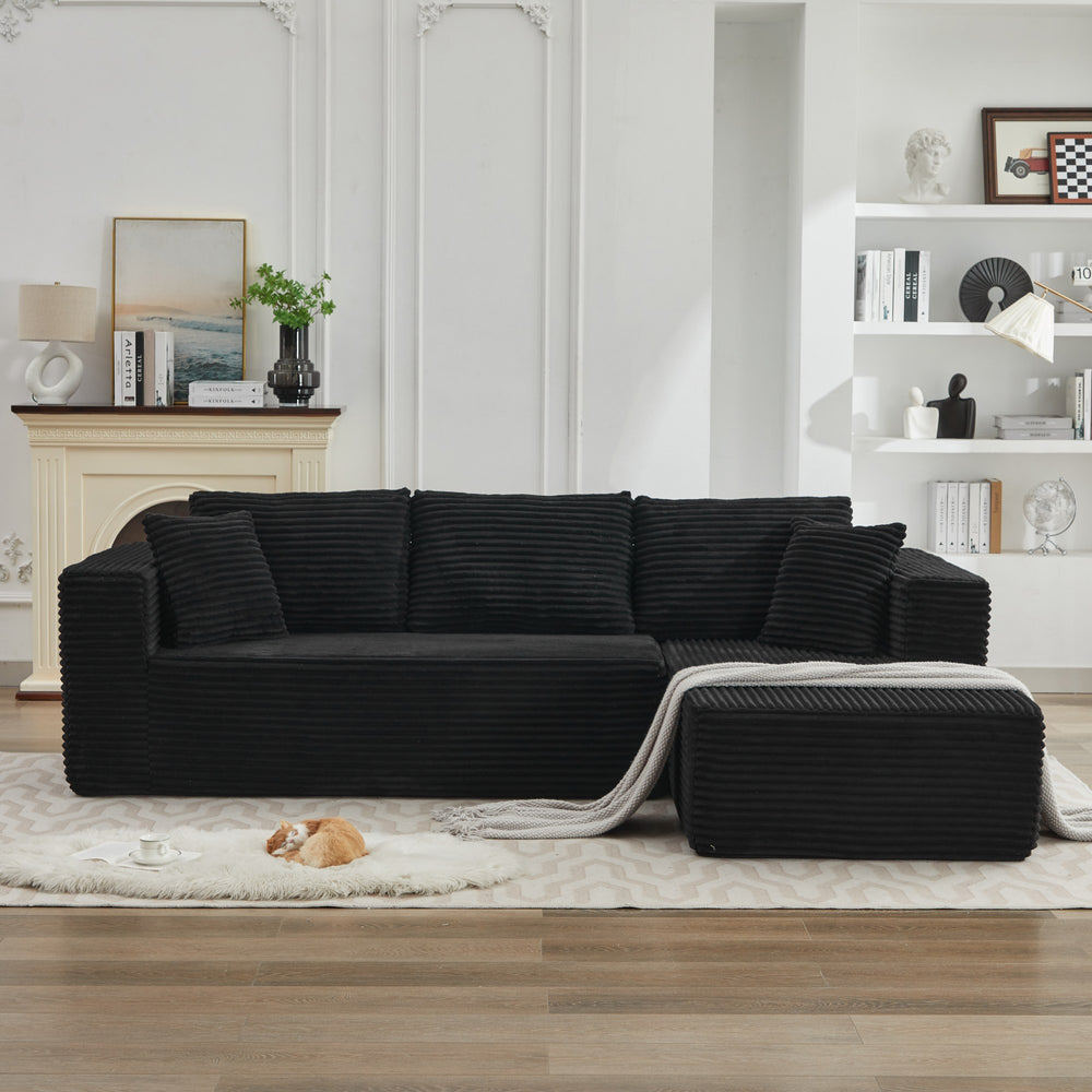 English Elm 106" Cloud Sectional Couch - L-Shaped Modular Sofa With Right-Facing Chaise In Black Plush Corduroy W1143S00028