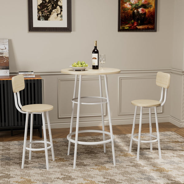 English Elm Bar 3-Piece Dining Set with Stools and Backrests, MDF & Metal Farmhouse Design, Space-Saving Pair White Oak W57868876