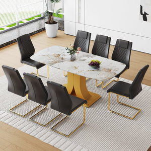 English Elm Table Set: Luxurious 71" Pandora Glass Dining Table With Golden Legs & 8 Stylish Black Pu Chairs W1151S03226-GIGA