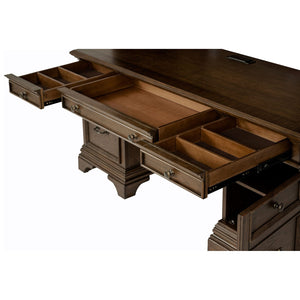 English Elm Stigham Burnish Oak five-drawer credenza desk with warm grain finish, spacious surface, ergonomic storage for organized workspaces B062S00652