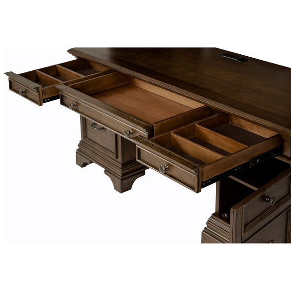 English Elm Stigham Burnish Oak five-drawer credenza desk with warm grain finish, spacious surface, ergonomic storage for organized workspaces B062S00652