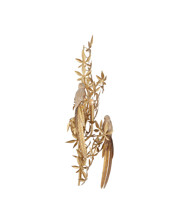 Currey & Company Aviary Gold Wall Sconce: Elegant Biophilic Design With Floral Motifs & Dimmable Single Bulb Ambiance Gold Wrought Iron ,Composite 5000-0281-currey-company