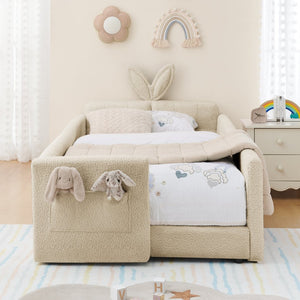 English Elm Twin Boucle Upholstered Kids Bed Whimsical Rabbit Ear Headboard with Safety Rail Camel W1413P407488