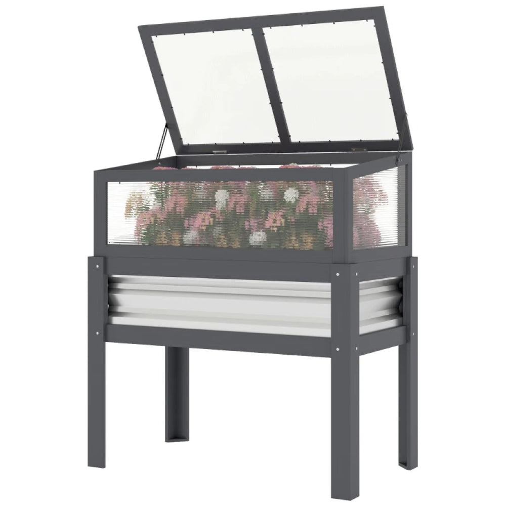 English Elm Flowers Elevated Fir Wood Raised Planter with Cold Frame Greenhouse Lid for Patio Gardens Gray T3971P476372