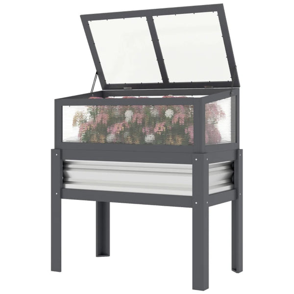 English Elm Flowers Elevated Fir Wood Raised Planter with Cold Frame Greenhouse Lid for Patio Gardens Gray T3971P476372