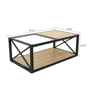 English Elm Modern coffee table with tempered glass and MDF top, industrial X-frame design, sturdy metal frame, ample storage and easy-clean surfaces for living room seating areas Natural Wood W241P246907