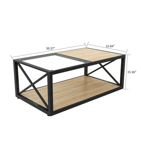 English Elm Modern coffee table with tempered glass and MDF top, industrial X-frame design, sturdy metal frame, ample storage and easy-clean surfaces for living room seating areas Natural Wood W241P246907