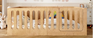 English Elm Twin Solid Pine Montessori Floor Bed with House Frame Door and Safety Fence Natural W5305P420636