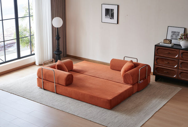 English Elm 78.8" Corduroy Modular Floor Sofa Convertible Sleeper Futon with Pillow Back Support Orange W5617P455986
