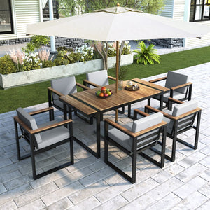 English Elm 7 Piece Outdoor Dining Set with Acacia Wood & Steel Frame, Water-Resistant Cushions, Umbrella Hole Grey N719Z000140E