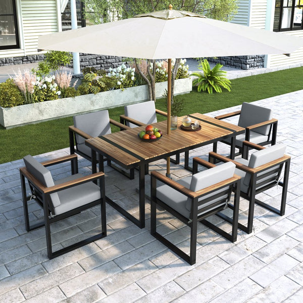 English Elm 7 Piece Outdoor Dining Set with Acacia Wood & Steel Frame, Water-Resistant Cushions, Umbrella Hole Grey N719Z000140E