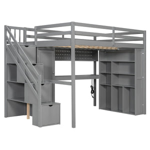 English Elm Full Loft Bed with Integrated Wardrobe Desk Shelving and Led Lighting for Teen Rooms Grey LT000927AAE