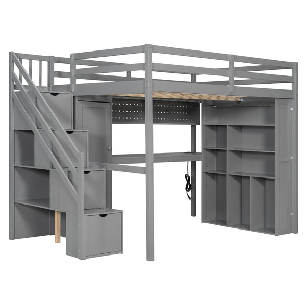 English Elm Full Loft Bed with Integrated Wardrobe Desk Shelving and Led Lighting for Teen Rooms Grey LT000927AAE